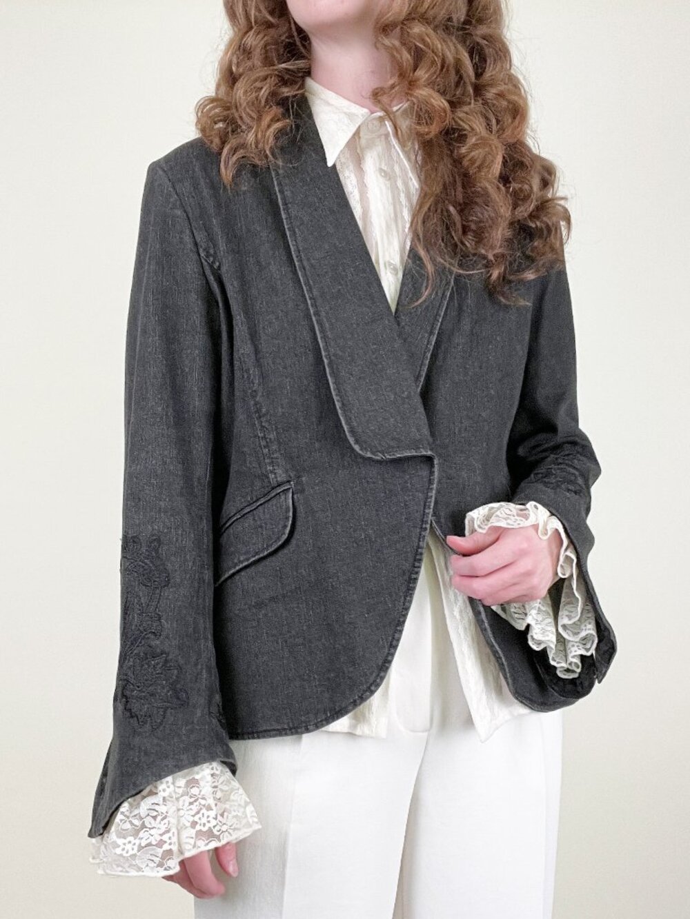 Vintage 90s Y2K Whimsigoth Blazer Coat Jean Jacket Floral Embroidery Lace Flare